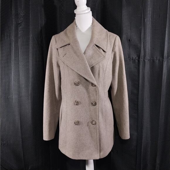 LONDON FOG! TAN/BEIGE FINE WOOL BLEND DOUBLE BREASTED PEACOAT, JACKET! SZ L - Picture 2 of 13